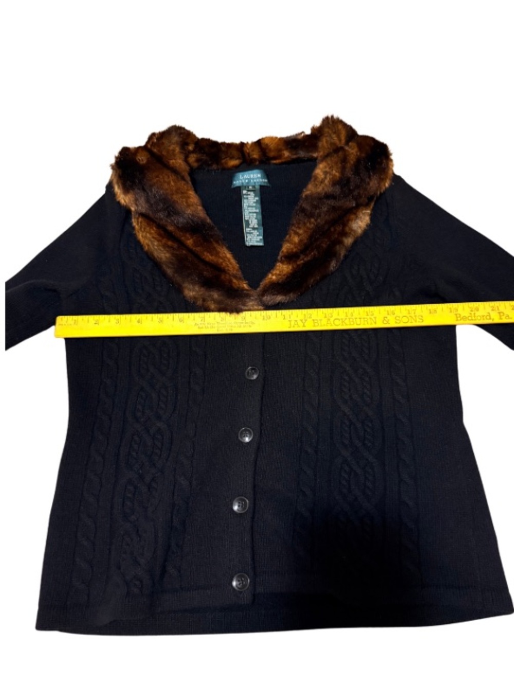 Lauren Ralph Lauren Brown Faux Fur Collar Cable Knit Cardigan - Picture 7 of 10